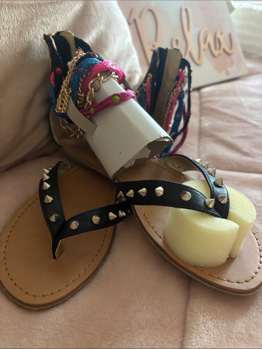 Shoe Dazzle Black Studded Sandals with Pink & Blue Braided Wraps